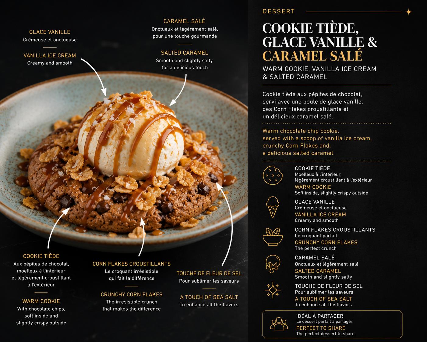 Warm cookie, vanilla ice cream and salted caramel — the Origins dessert