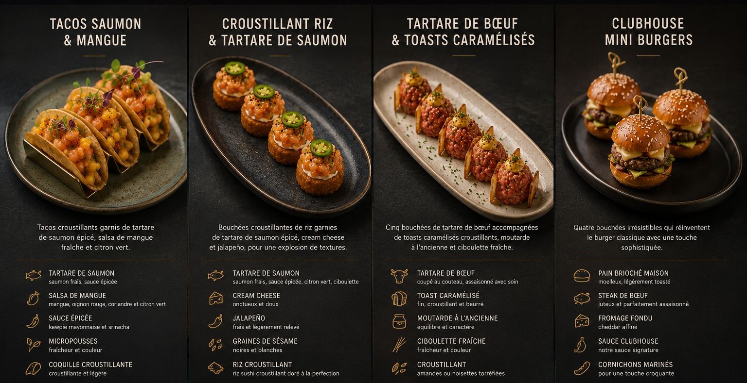 Origins signature plates — salmon & mango tacos, crispy rice salmon tartare, beef tartare with caramelized toast, and clubhouse mini burgers